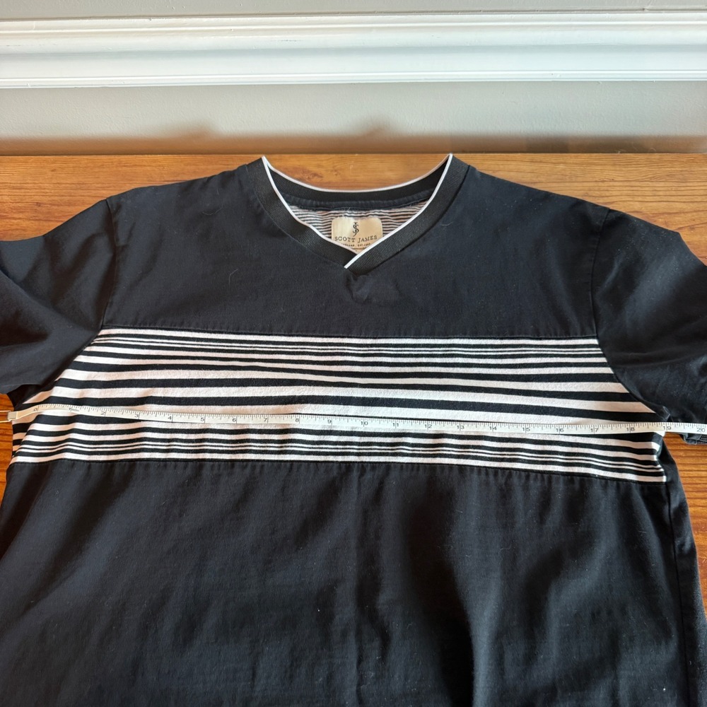 Scott James Mens Black White Striped V-Neck Short Sleeve T-Shirt‎ Size Large - Picture 3 of 5